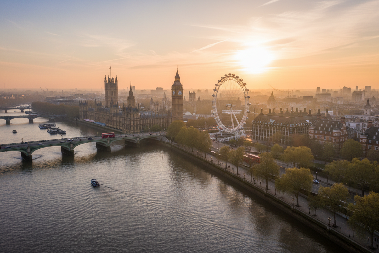 Birds eye external of london embankment in the morning sunrise